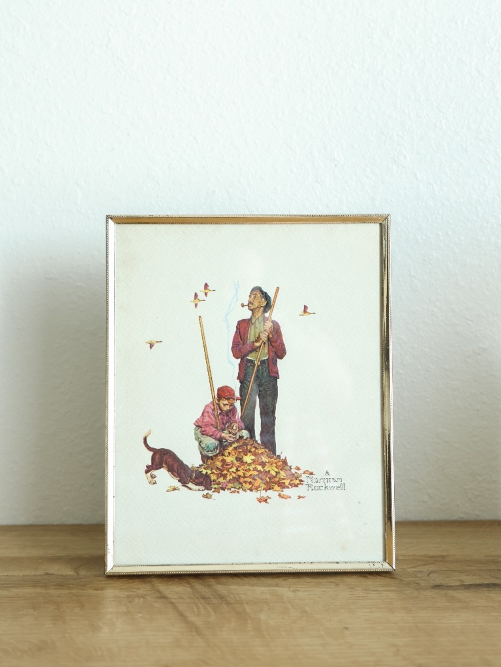 VINTAGE 1948 Norman Rockwell "Grandpa and Me- Raking Leaves" vintage gold frame